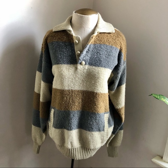 Vintage Neutral Terry Cloth Knit Striped Sweater - Picture 9 of 10